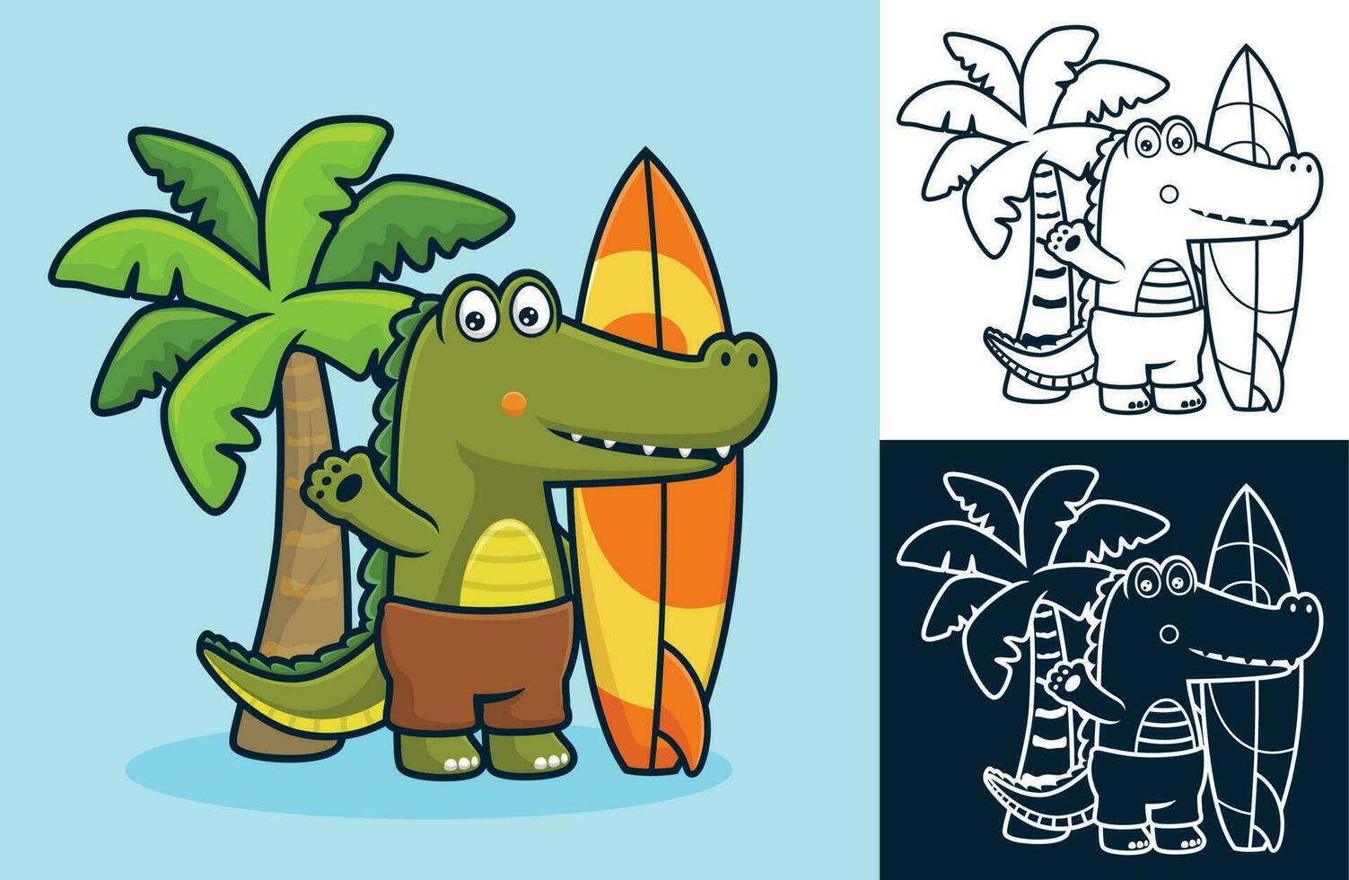 crocodile avec planche de surf sur noix de coco arbre Contexte. vecteur dessin animé illustration dans plat icône style