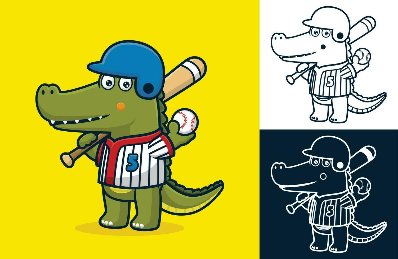 marrant crocodile dans base-ball uniforme avec base-ball chauve souris et balle. vecteur dessin animé illustration dans plat icône style