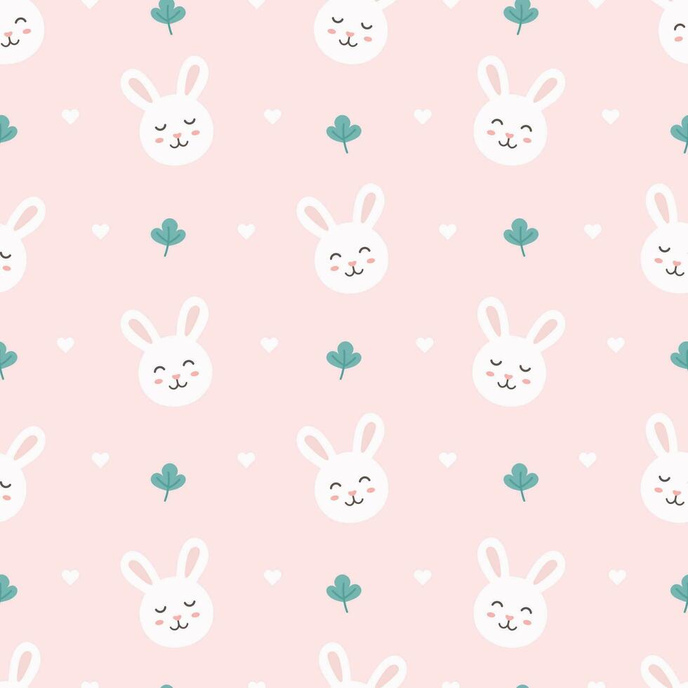 mignonne lapin avec trèfle, sans couture modèle. rose Contexte. pastel concept. mignonne dessin animé. kawaii personnage vecteur