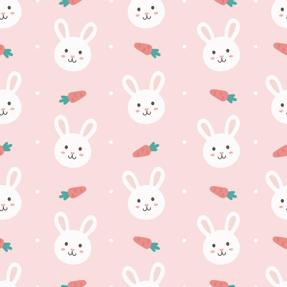 mignonne lapin avec carotte, sans couture modèle. rose Contexte. pastel concept. mignonne dessin animé personnage vecteur