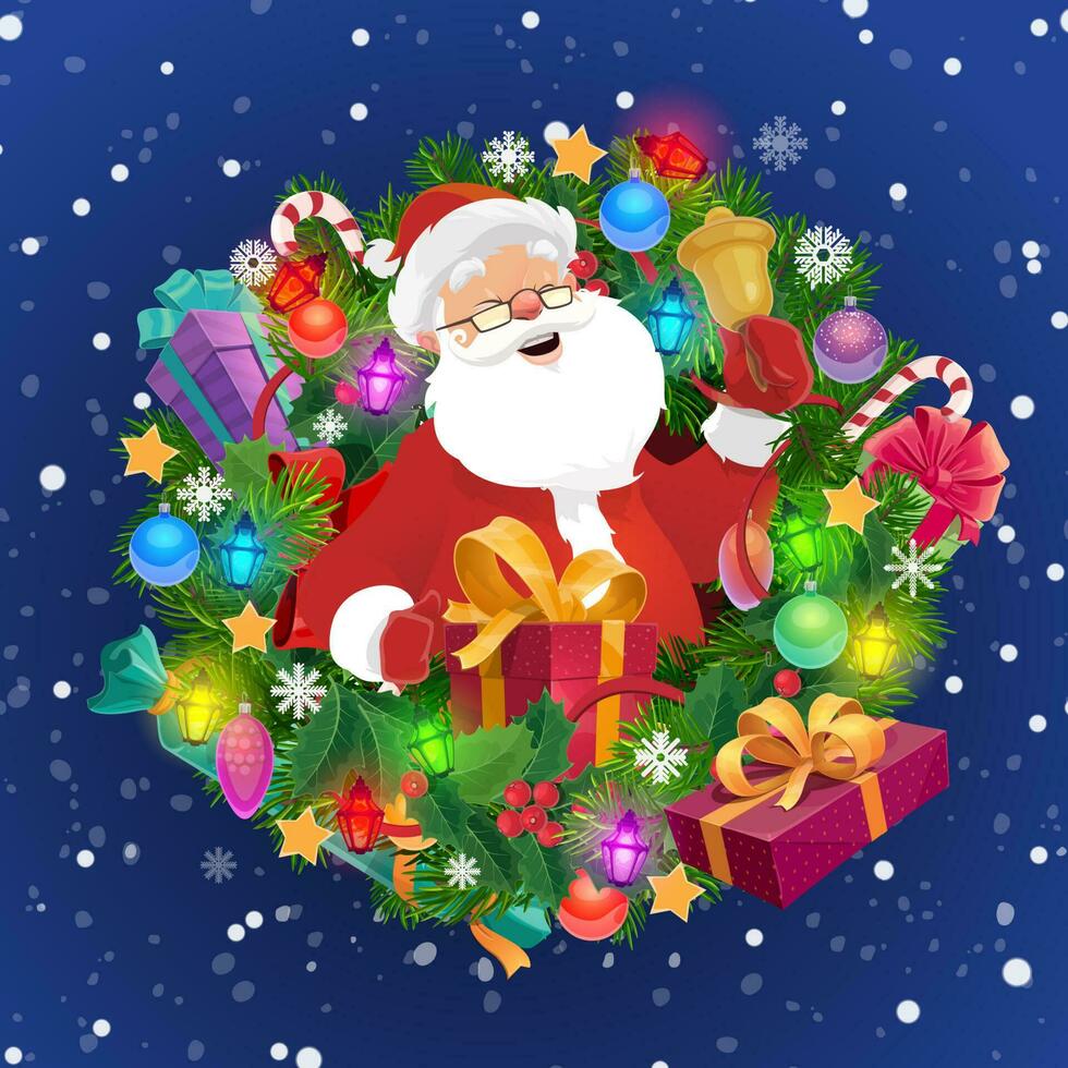 Père Noël avec Noël cloche, cadeau boîte, Noël couronne vecteur