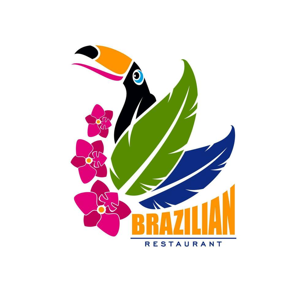 Brésil nourriture restaurant icône avec toucan dans fleurs vecteur