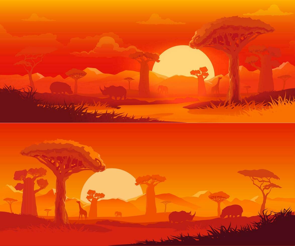 africain savane la nature paysage à le coucher du soleil vecteur