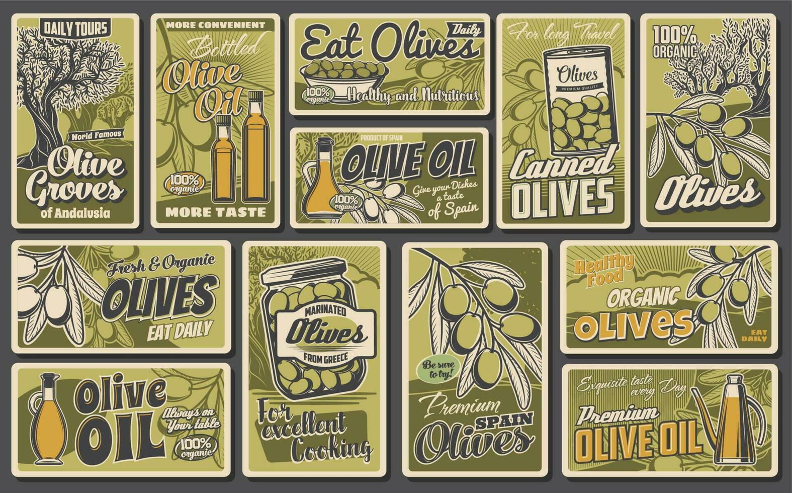 olive pétrole vecteur rétro affiches, biologique produit
