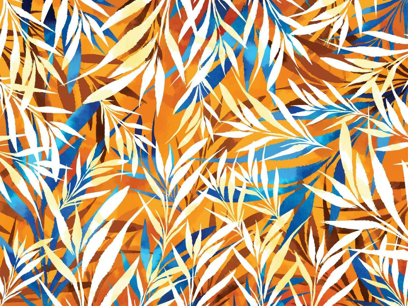 orange, blanc, et bleu texturé botanique feuilles modèle vecteur Contexte isolé sur grungy horizontal modèle. plante ou jungle à thème fond d'écran pour social médias poste, affiche, emballage papier impression