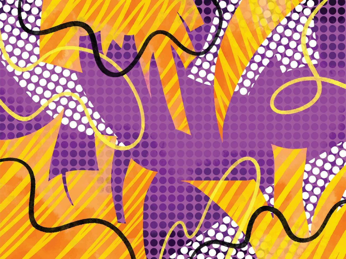 coloré pop coloré texturé grungy vecteur Contexte avec blanc polka points et Orange abstrait formes isolé sur violet fond d'écran pour social médias poste, couverture titre, textile écharpe impressions.