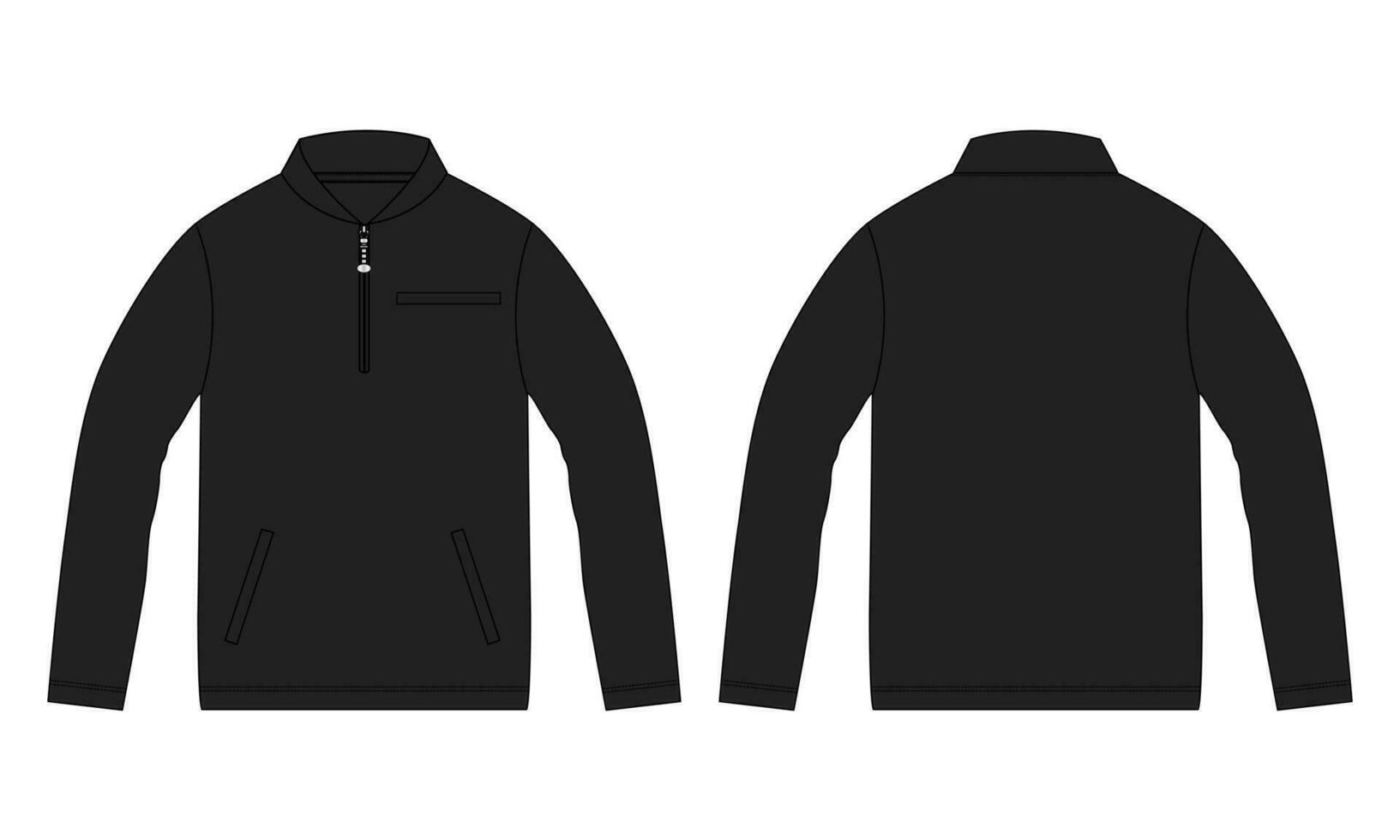 longue manche veste avec poche et fermeture éclair technique mode plat esquisser vecteur illustration noir Couleur modèle de face et retour vues. toison Jersey sweat-shirt veste pour Pour des hommes et garçons.