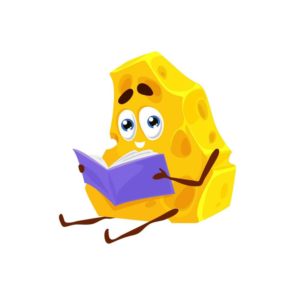 dessin animé fromage en train de lire livre, marrant nourriture personnage vecteur