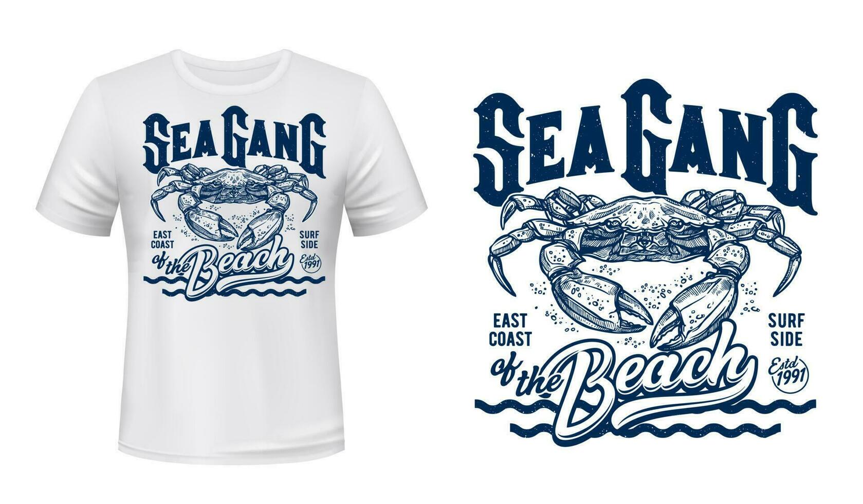 Crabe T-shirt impression maquette, surfant club vagues vecteur