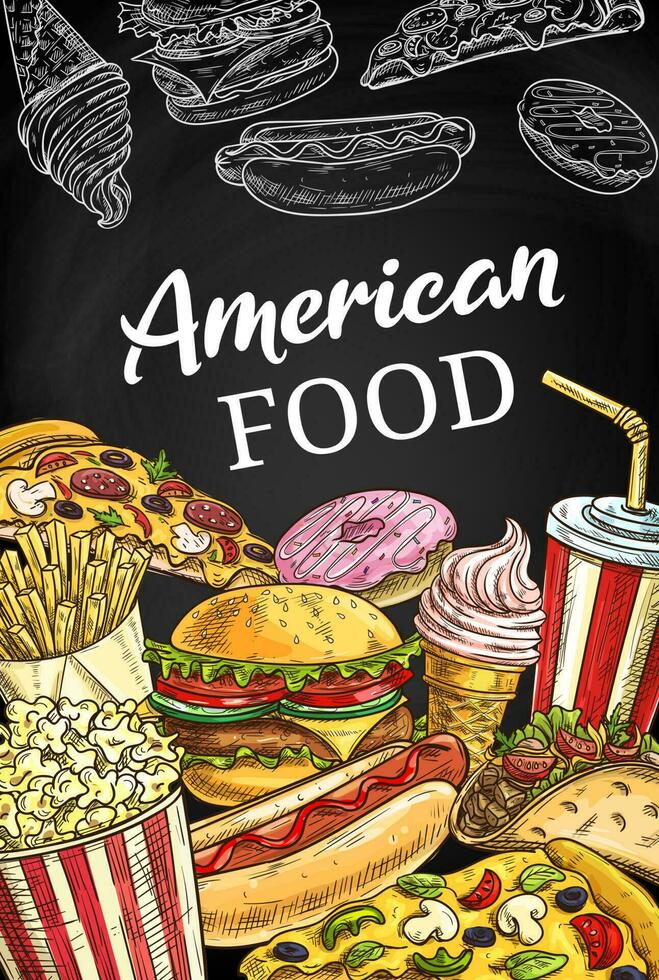 américain Fast food affiche, esquisser à emporter nourriture vecteur