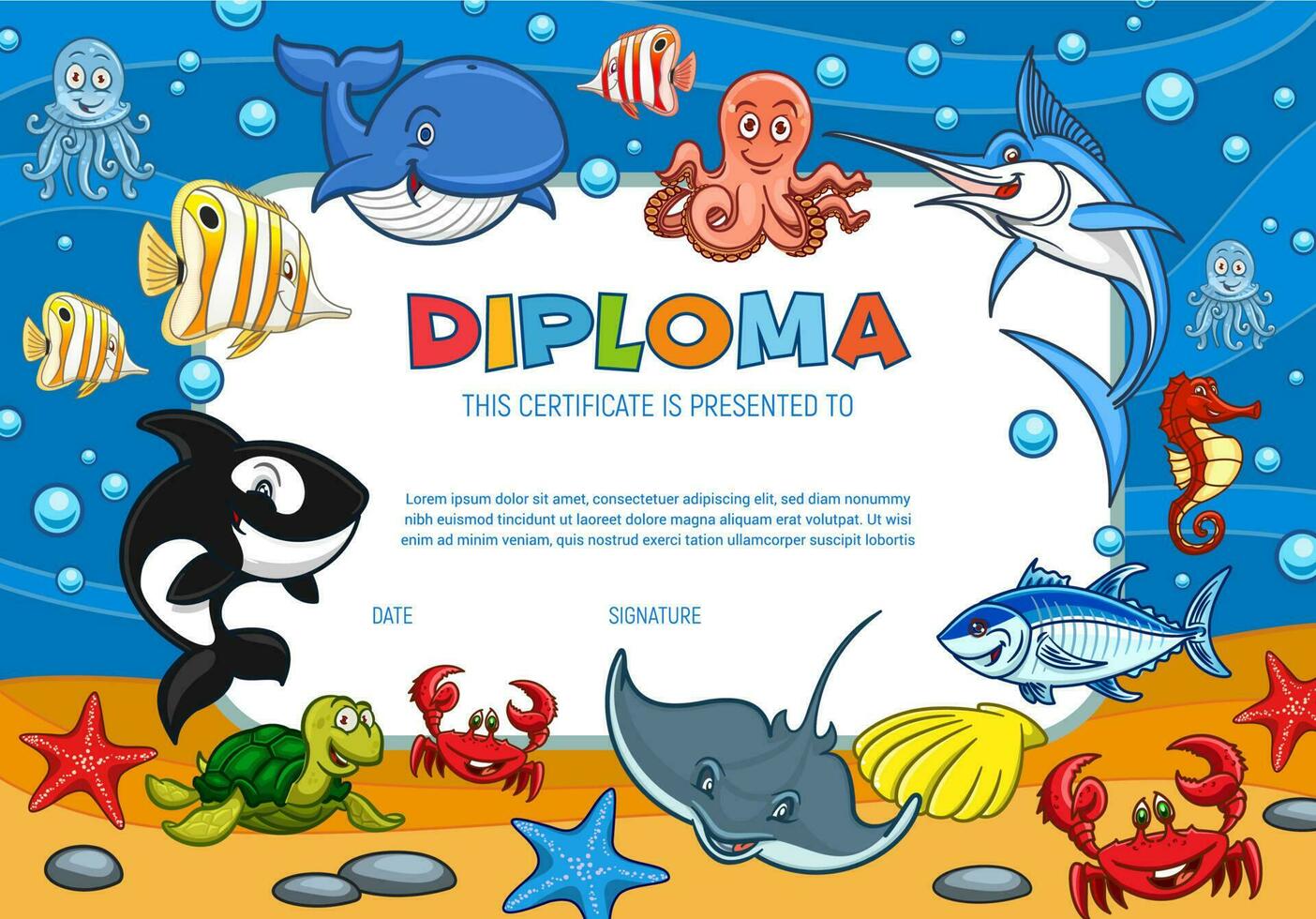 diplôme certificat, dessin animé sous-marin monde vecteur