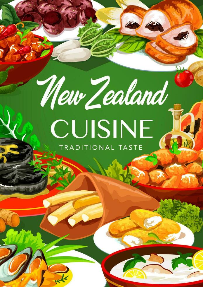 Nouveau zélande cuisine, vecteur nourriture repas et vaisselle