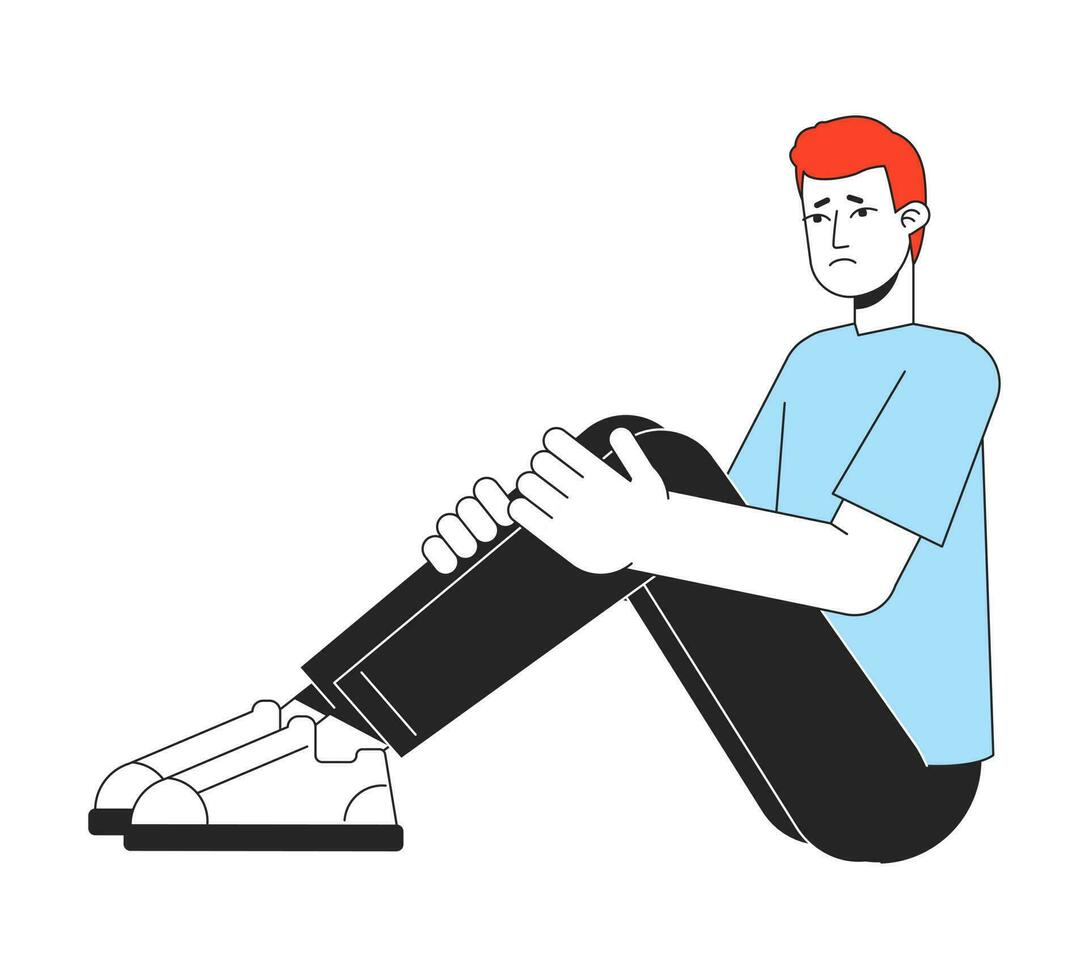 déprimé homme séance et en portant jambes plat ligne Couleur vecteur personnage. modifiable Facile contour plein corps la personne sur blanche. inquiétant dessin animé place illustration pour la toile graphique conception et animation