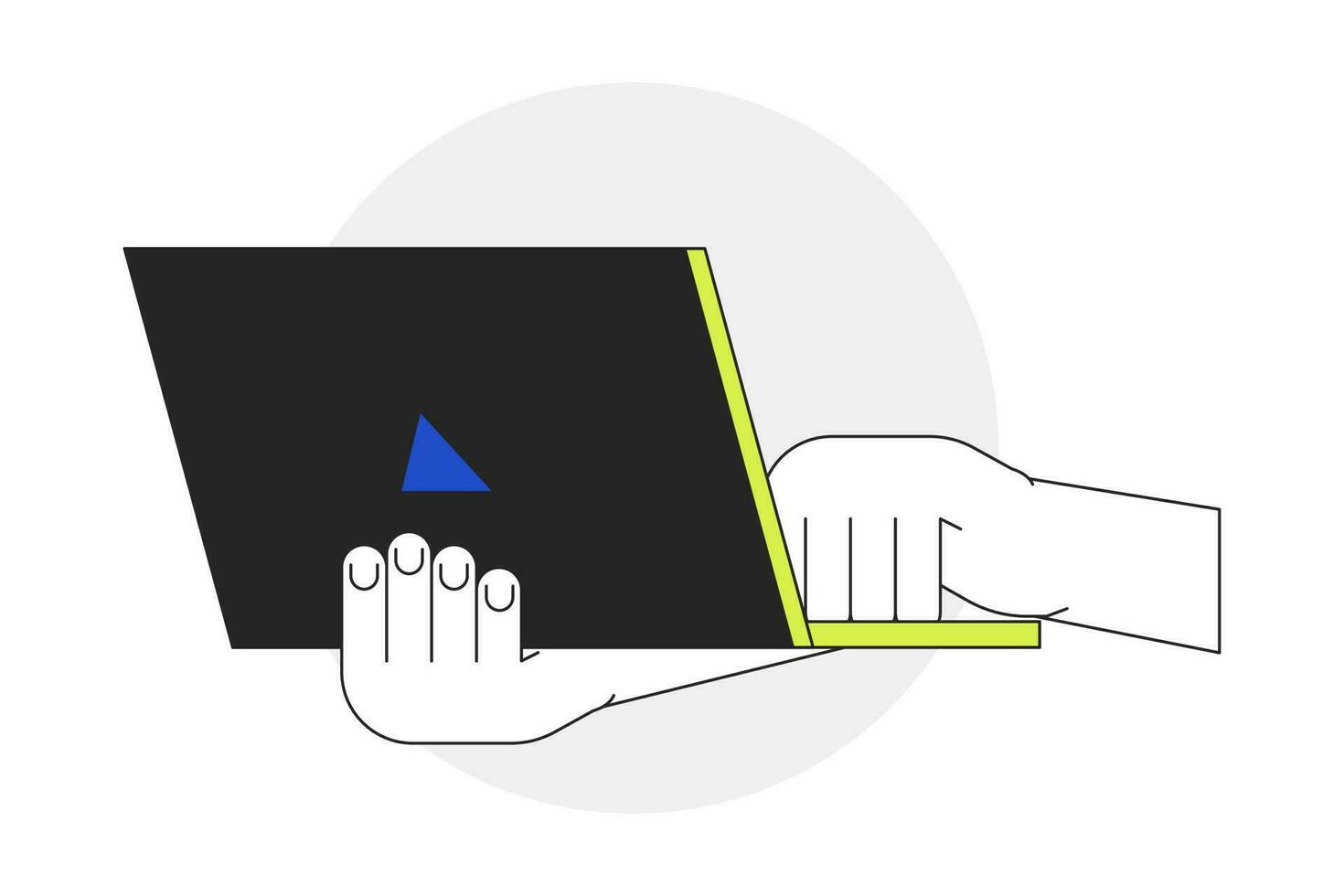 en portant portable fermer plat ligne vecteur place illustration. dactylographie sur portable clavier 2d dessin animé contour premier vue main sur blanc pour la toile ui conception. technologie gadget modifiable isolé coloré héros image