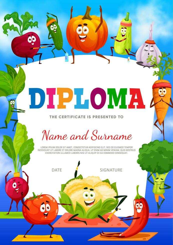 des gamins diplôme certificat, des légumes sur yoga sport vecteur