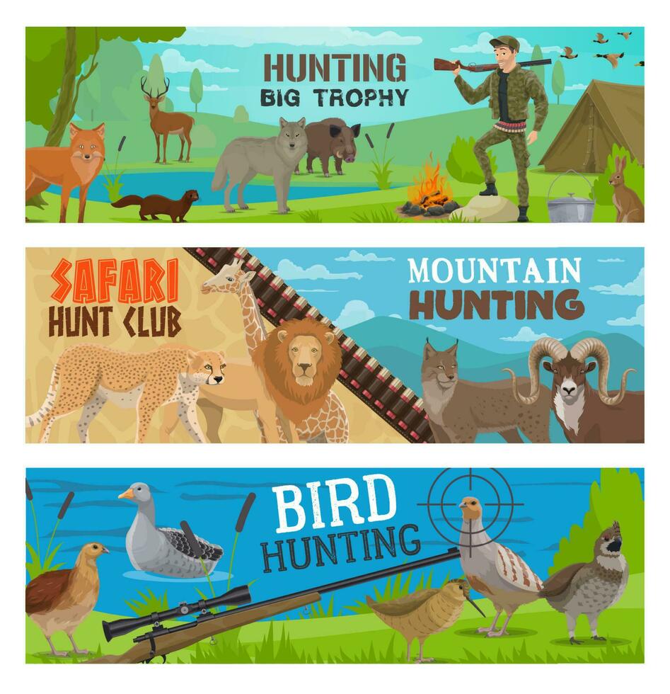 chasse sport, chasseur, pistolet, animal, oiseau bannières vecteur