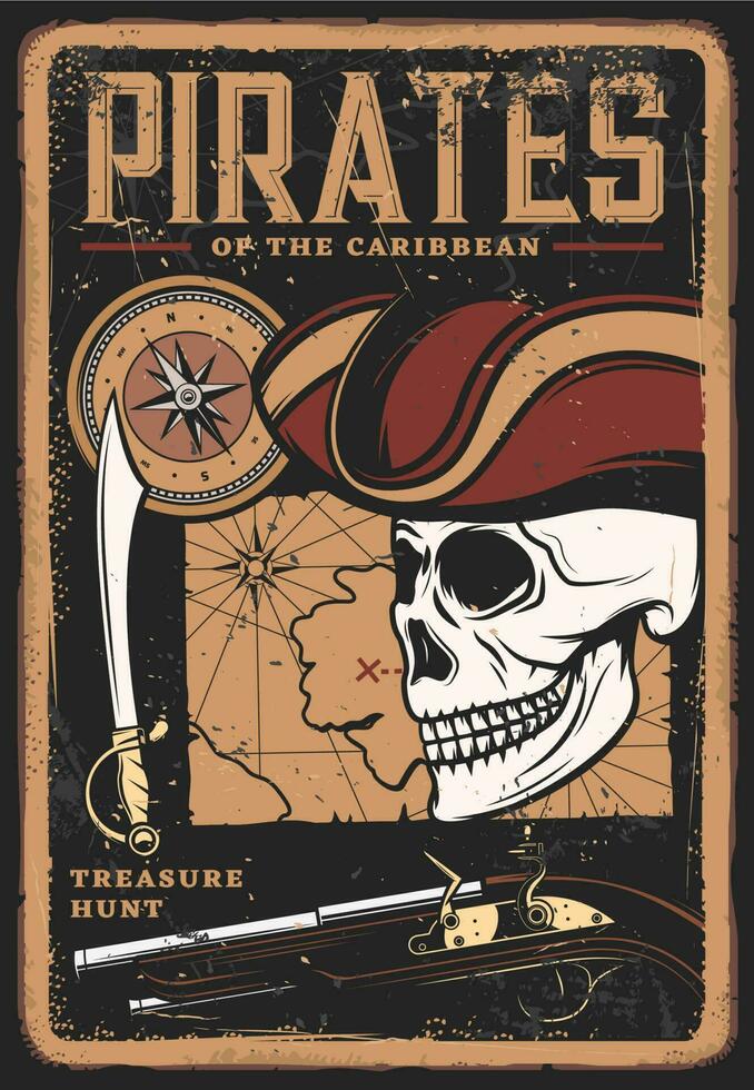 pirates ancien affiche, crâne dans chapeau, Trésor carte vecteur