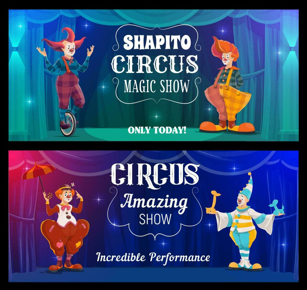 shapito cirque montrer, dessin animé clowns vecteur bannières