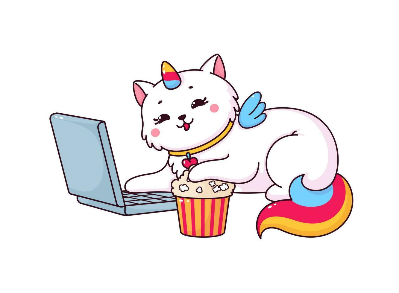 dessin animé mignonne caticorn personnage, ordinateur portable, pop corn vecteur