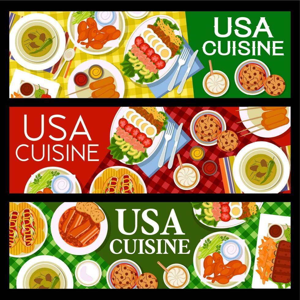 américain nourriture restaurant vaisselle et repas bannières vecteur