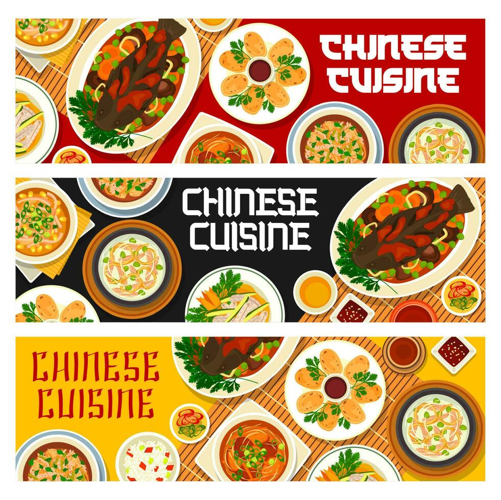 chinois nourriture bannières, asiatique cuisine menu vaisselle vecteur