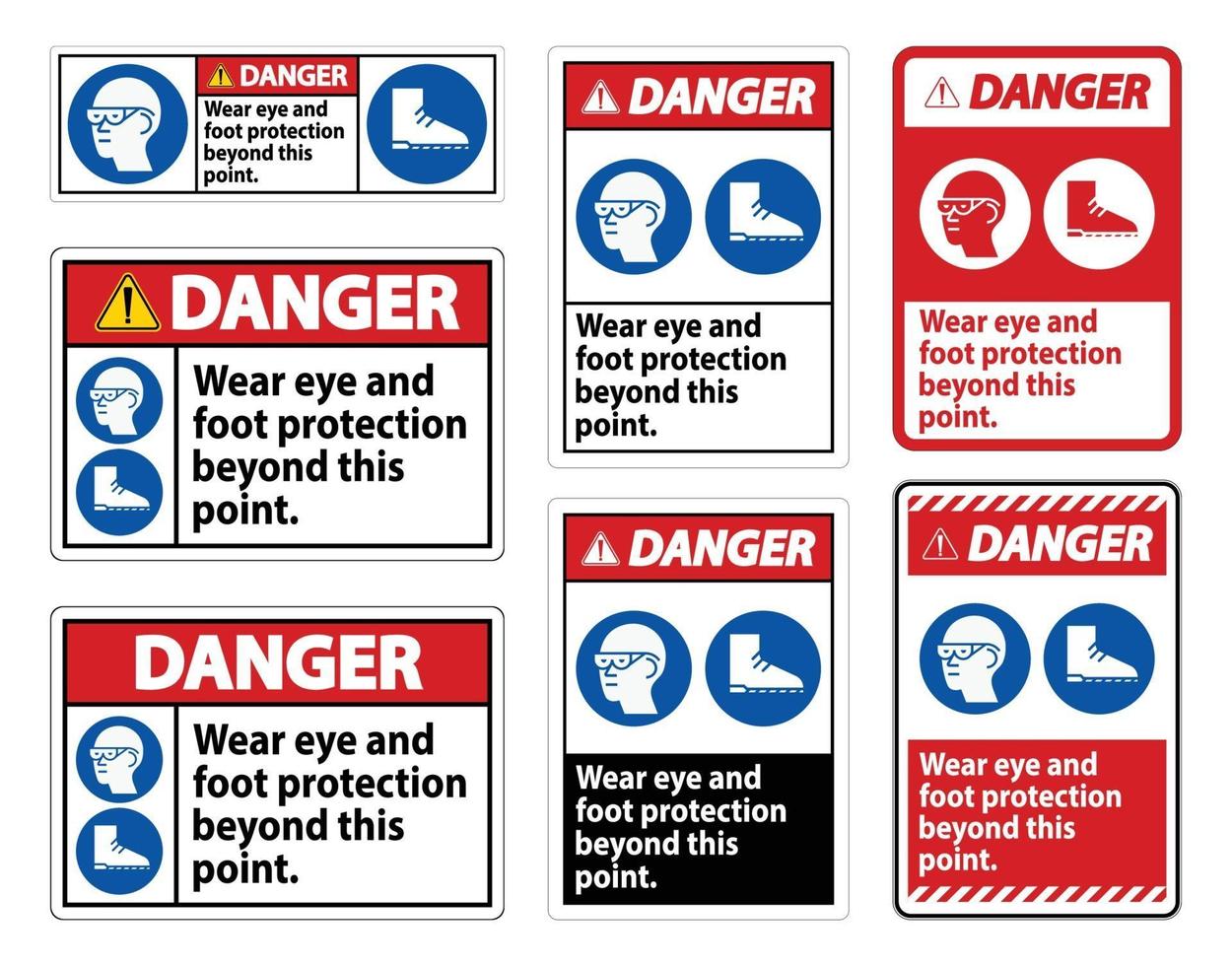 panneau de danger porter une protection des yeux et des pieds au-delà de ce point avec des symboles ppe vecteur