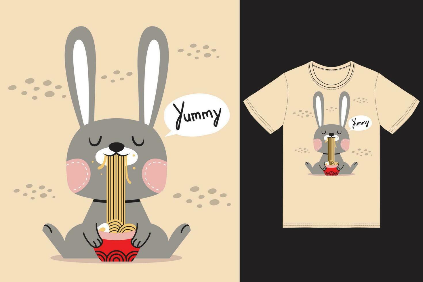 mignonne lapin en mangeant ramen illustration avec T-shirt conception prime vecteur