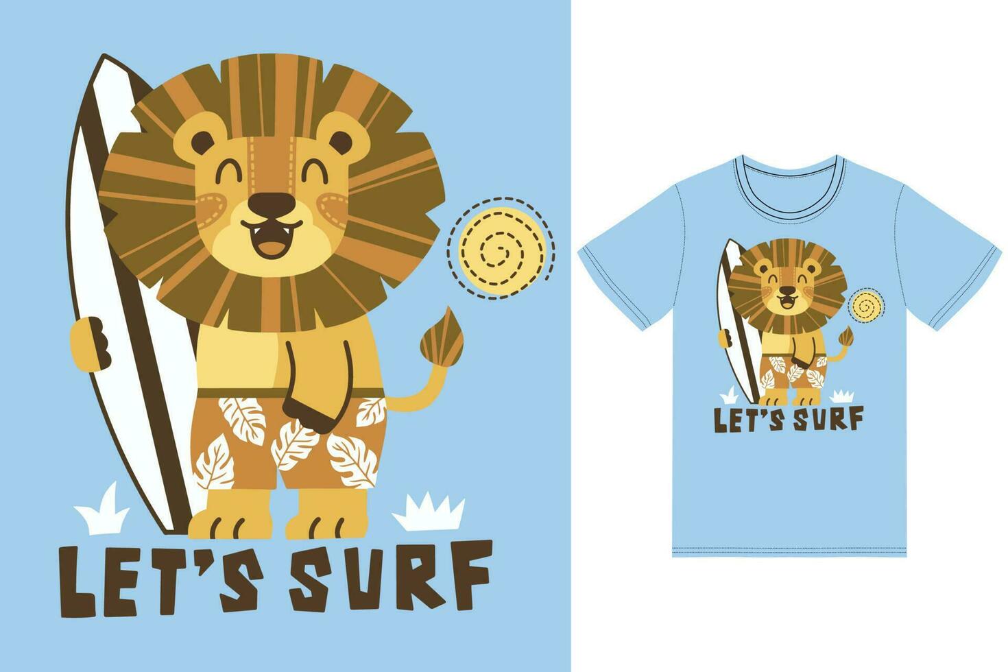 mignonne Lion surfant illustration avec T-shirt conception prime vecteur