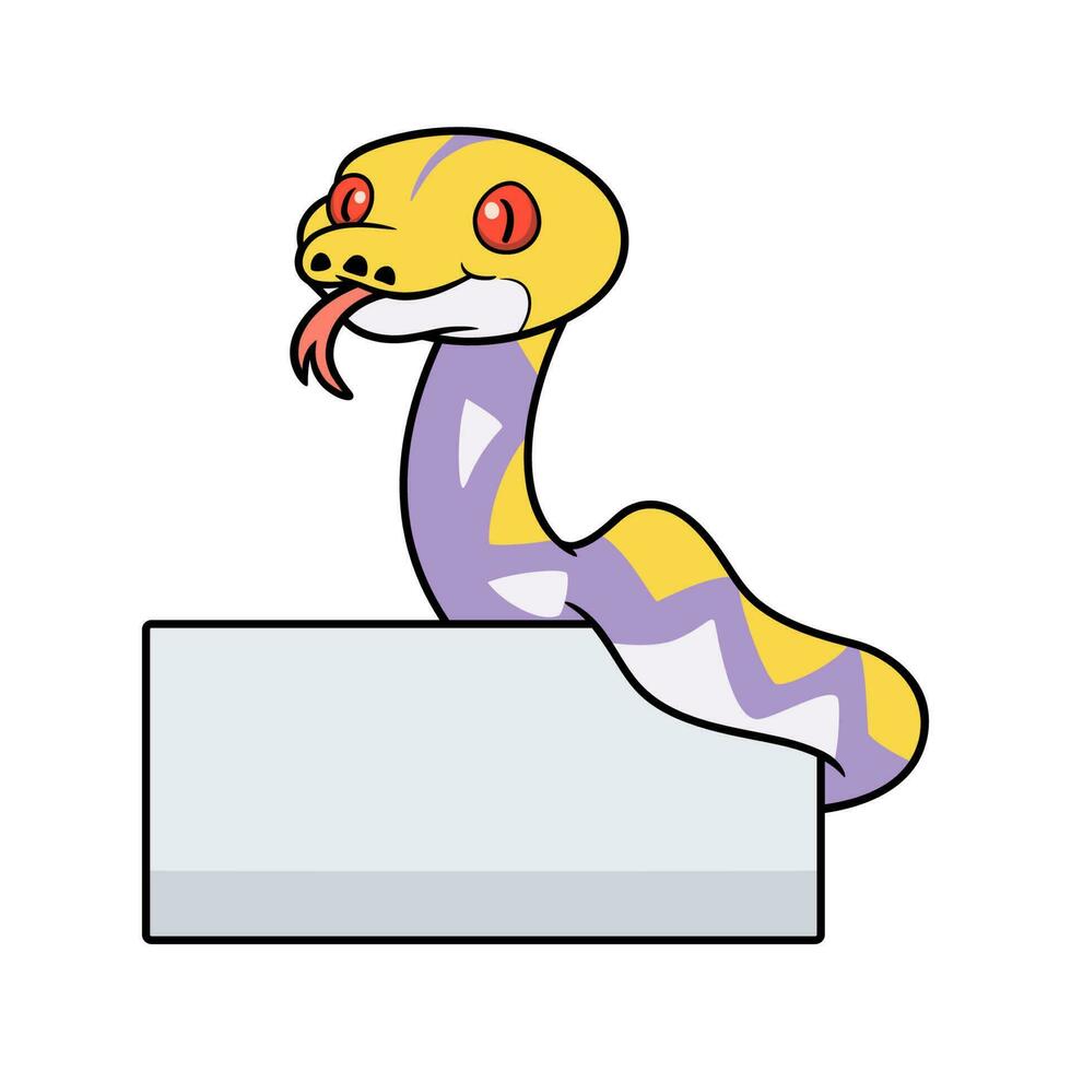 mignonne lavande réticulé python dessin animé avec Vide signe vecteur