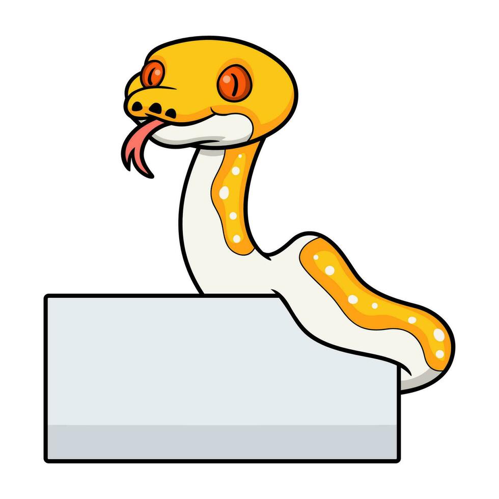 mignonne albinos pie réticulé python dessin animé avec Vide signe vecteur