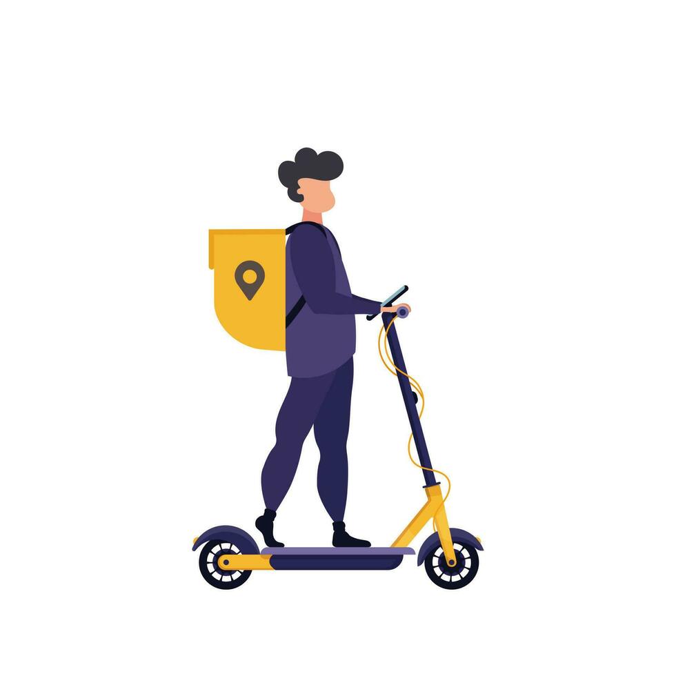 le courrier monte sur un électrique scooter. livraison concept. isolé dynamique vecteur plat illustration.