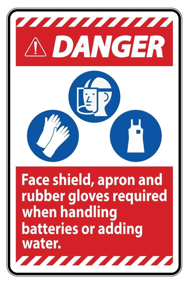 panneau de danger tablier de protection faciale et gants en caoutchouc requis lors de la manipulation des batteries ou de l'ajout d'eau avec les symboles ppe vecteur