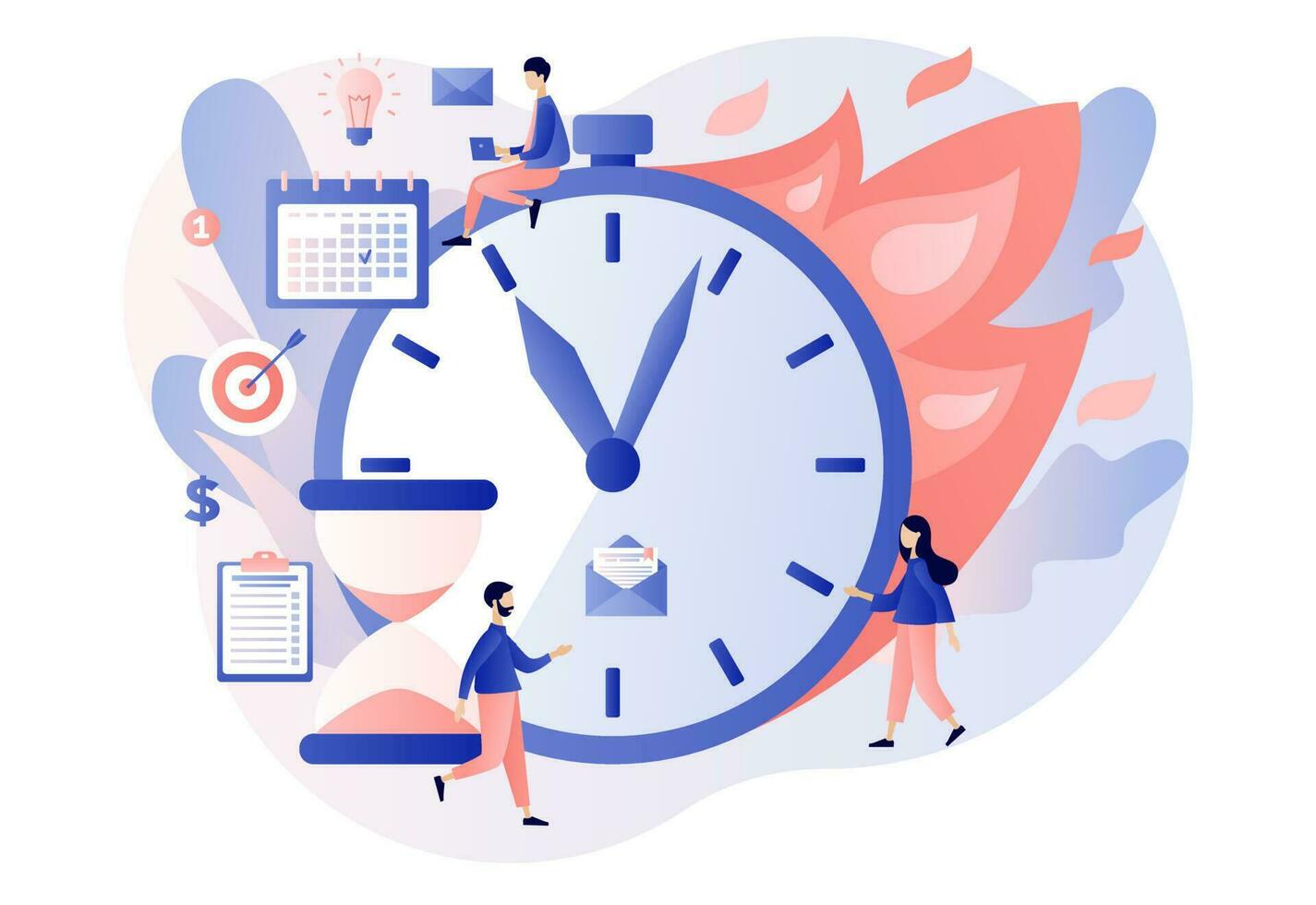 date limite concept. temps la gestion et productivité. minuscule gens organiser flux de travail, efficace temps dépenses. gros l'horloge dans Feu. moderne plat dessin animé style. vecteur illustration sur blanc Contexte