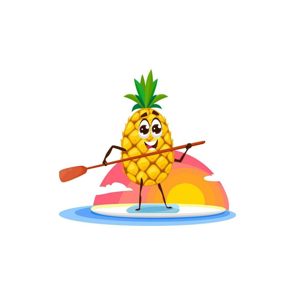 surfant ananas dessin animé personnage sur planche de surf vecteur