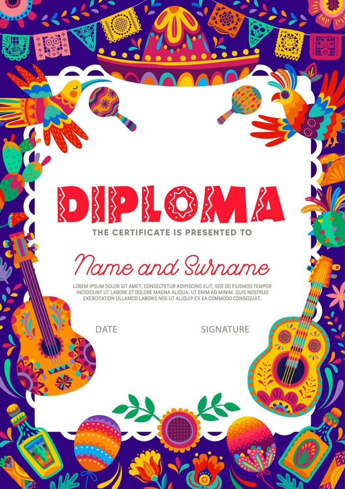 enfant diplôme, mexicain guitares, maracas et cactus vecteur