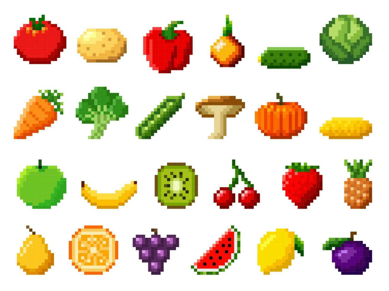 rétro pixel art des fruits, des légumes 8 bits Jeu Icônes vecteur