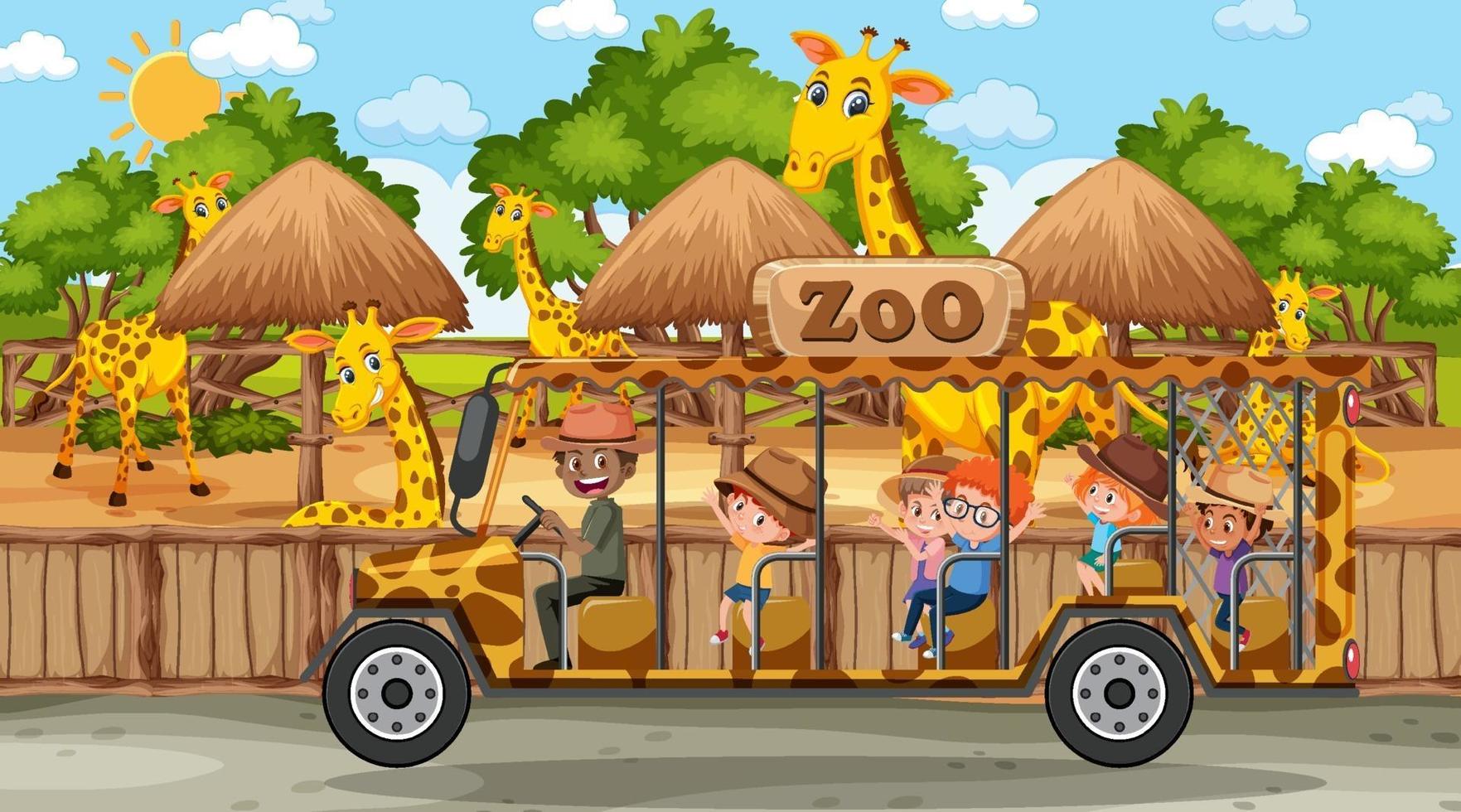 safari à la scène de jour avec de nombreux enfants regardant un groupe de girafes vecteur