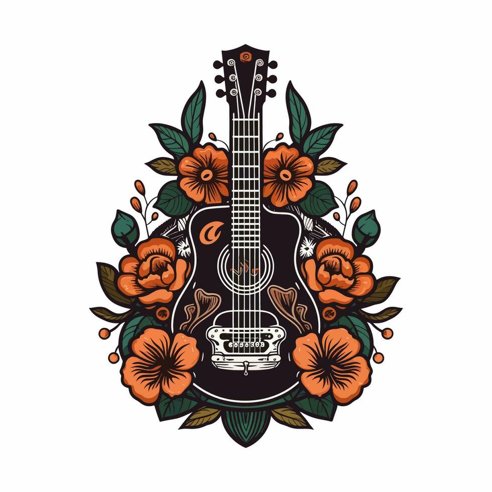 une guitare et fleurs viens ensemble dans cette logo conception, création une harmonieux et élégant image pour une la musique ou inspiré de la nature marque vecteur