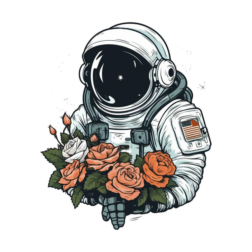 explorer Nouveau horizons avec un astronaute dessiné à la main logo conception illustration. parfait pour sur le thème de l'espace entreprises et startups vecteur