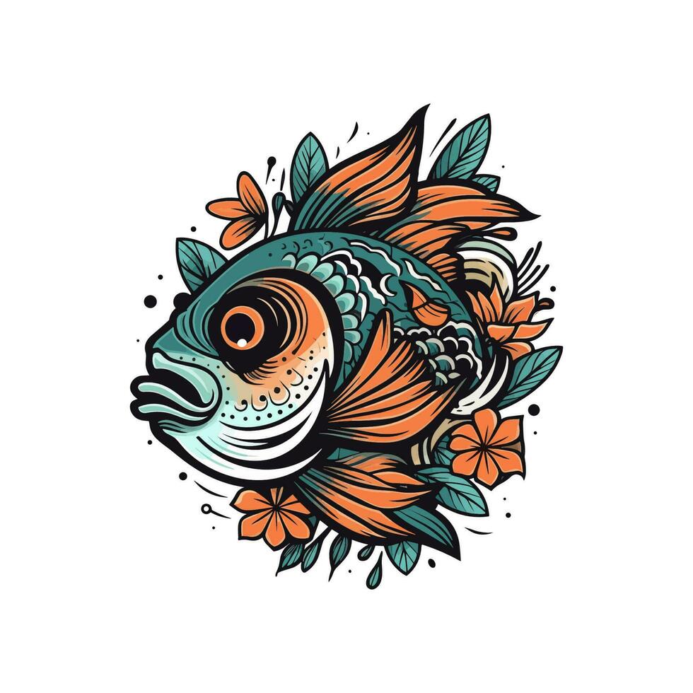 une magnifique poisson entouré par fleurs dans une logo illustration, parfait pour une inspiré de la nature marque vecteur