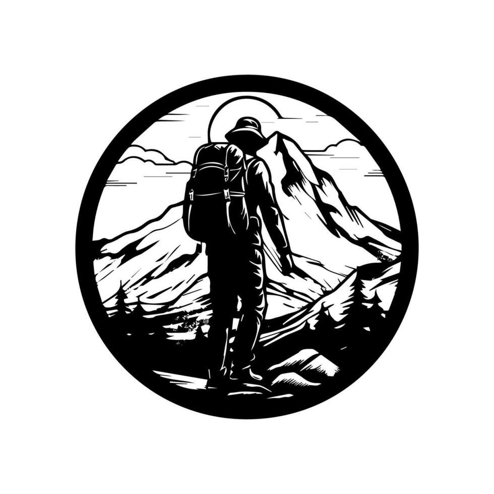 une Facile randonnée logo avec une Masculin promeneur avec une sac à dos et une boussole dans noir et blanc vecteur