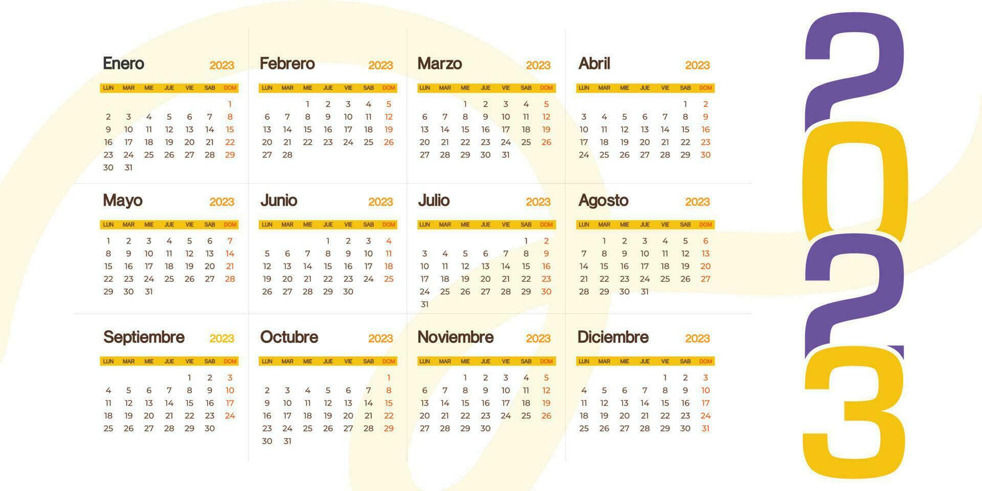 Espagnol 2023 calendrier minimaliste regarder, la semaine début de dimanche classique vecteur