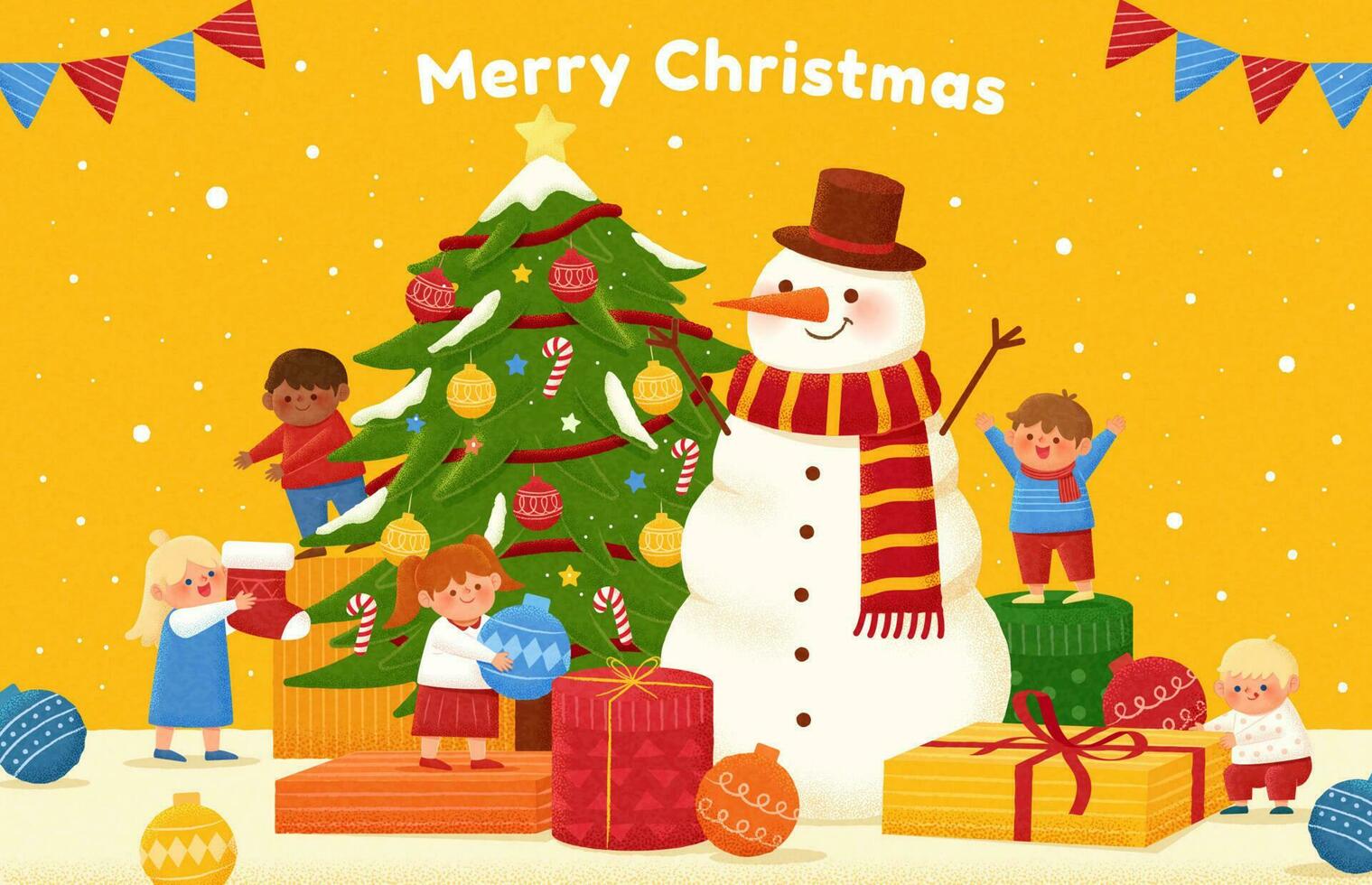 plat style illustration de joyeux Noël. les enfants décorer Noël arbre avec le géant bonhomme de neige sur une neigeux Jaune Contexte vecteur