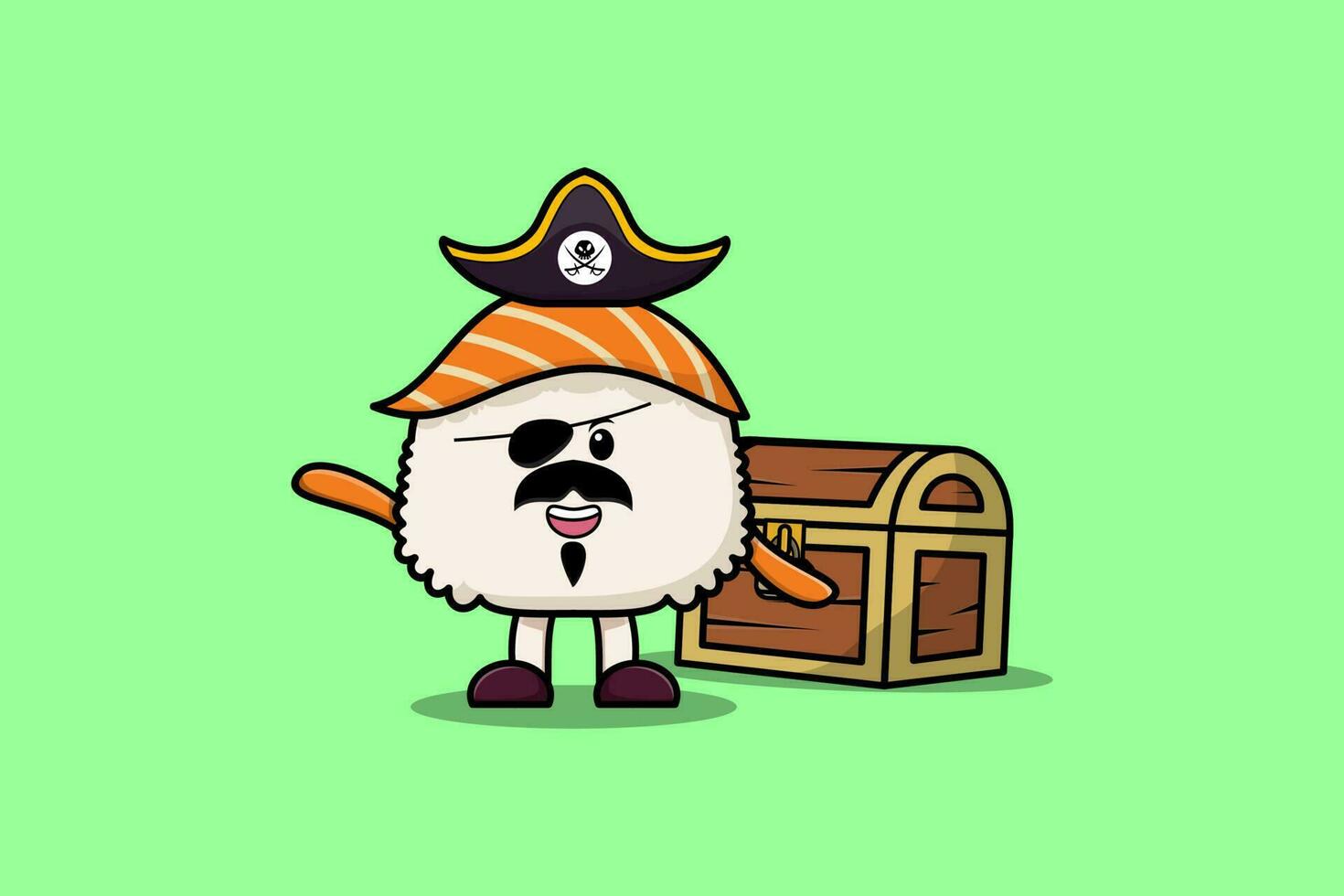 pirate de sushi de dessin animé mignon avec boîte au trésor vecteur