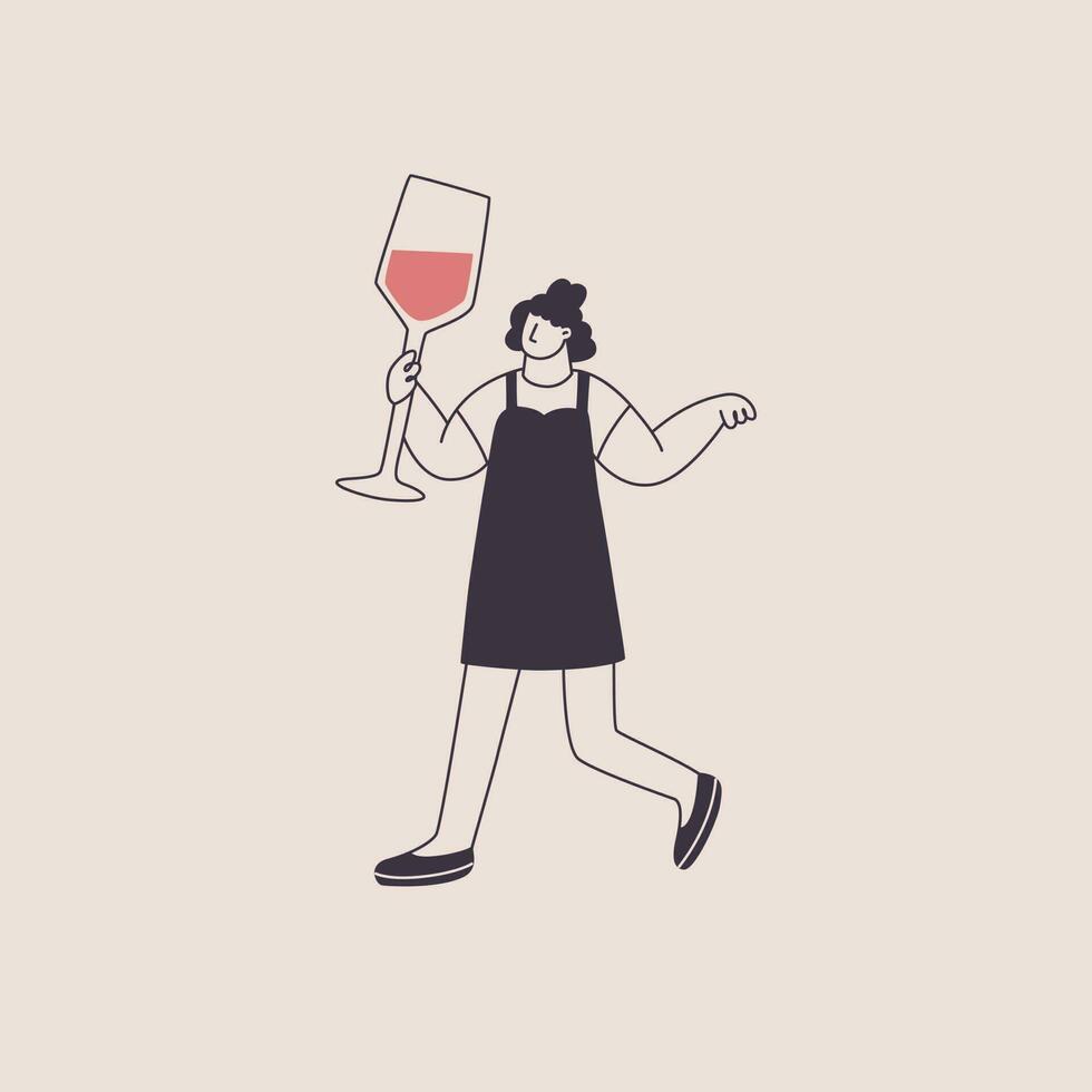 une femme avec une géant verre de du vin. mignonne personnage dans branché style. vecteur isolé illustration pour du vin thème conception.