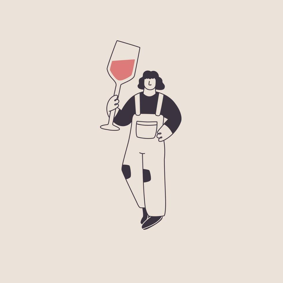 femme dans salopette avec une énorme verre de du vin. mignonne personnage dans branché style. vecteur isolé illustration pour du vin thème conception.