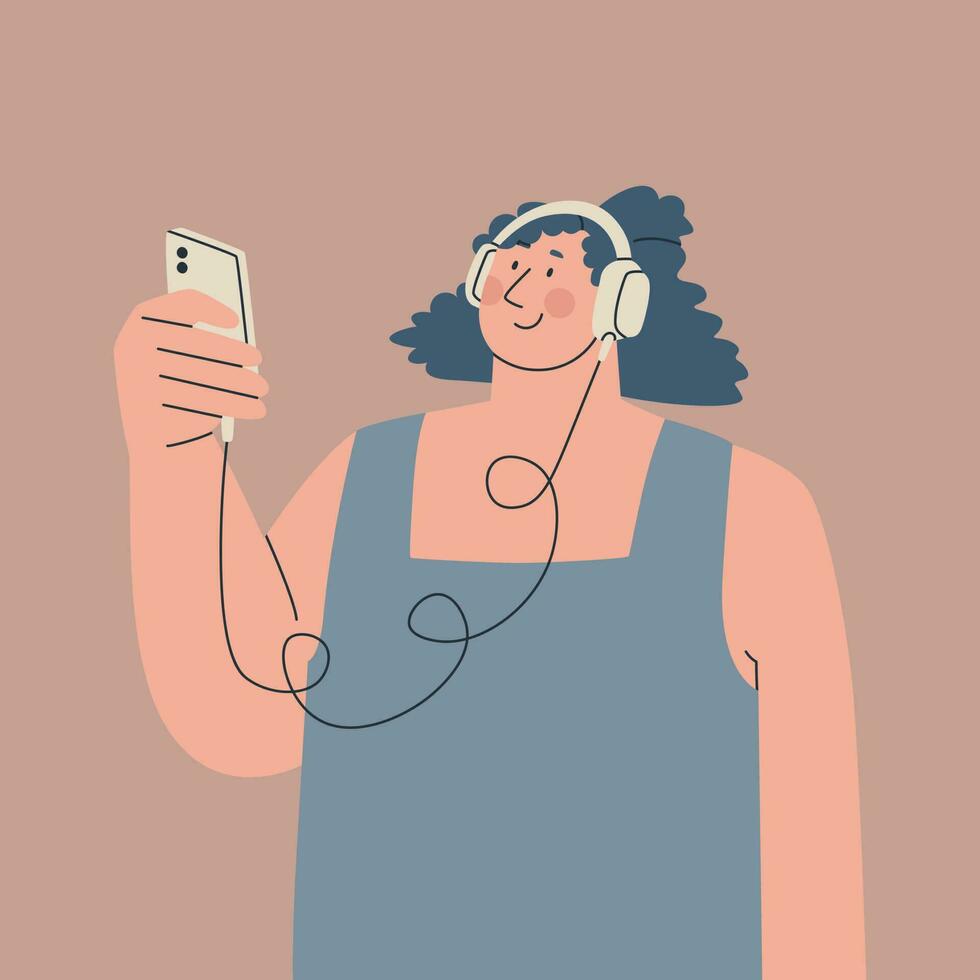 mignonne Jeune femme portant sur l'oreille écouteurs sur sa tête et en portant une téléphone intelligent dans sa main. la personne est écoute à musique, un livre audio, ou une podcast. vecteur isolé illustration pour conception.