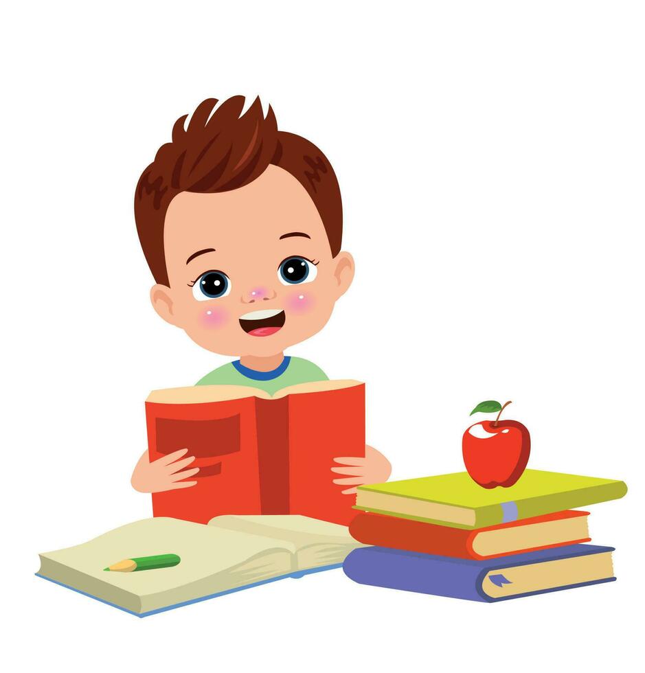 peu garçon en train de lire une livre avec une rouge Pomme sur le table vecteur