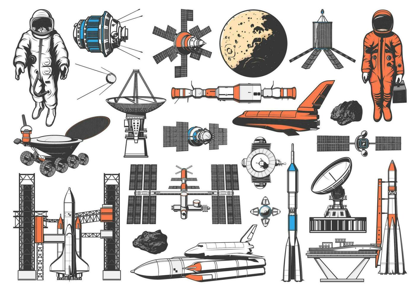 espace fusée, galaxie Satellite, astronaute vaisseau spatial vecteur