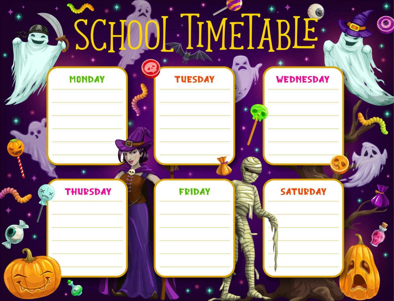 école calendrier, programme avec Halloween monstres vecteur